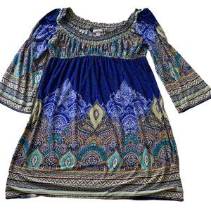 Mini Babydoll Dress with Blue Print, 3/4 Bell Sleeves, Women's Size 12